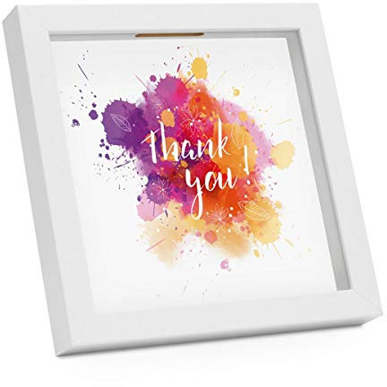 PHOTOLINI Bilderrahmen Spardose zum Befüllen 20x20 cm weiß, Danke Objektrahmen für Geldgeschenke, 4 austauschbare Motive, Aufstellen & Aufhängen, DIY - perfekt zum Basteln und als Geschenk