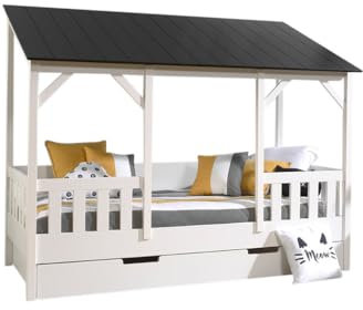 Vipack Hausbett mit 90 x 200 cm Liegefläche und Bettschublade, Korpus Weiß lackiert, Dach in Schwarz Weiß-Schwarz