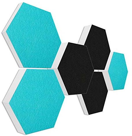 platino24 Schallabsorber COLORE aus Basotec G+ I Akustikpaneele mit Akustikfilz I 3D Wand-Paneele mit 6 Waben in Schwarz + Türkis I Akustikplatten zur Schalldämmung in Büro, Studio & Wohnung