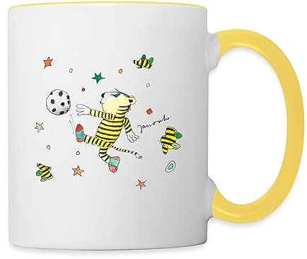 Spreadshirt Janosch Tiger Spielt Fußball Tasse Zweifarbig, One size, Weiß/Gelb