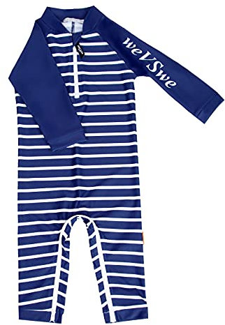 weVSwe Kleinkind Junge Badeanzug UPF 50+ Sonnenschutz Recycling Stoff Einteiler Baby Langarm Rash Guard Marineblaue Streifen 6-12 Monate