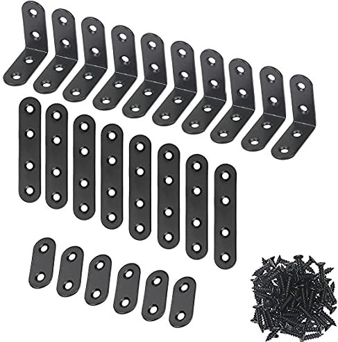 24 Stücke Edelstahl Winkel Klammern Schwarz 90 Grad Möbel Winkel, Edelstahl Flache Ecke Bracket Brackets Heavy Duty Joining Ausbessern Flat Plate Bracket mit Schrauben(Schwarz)