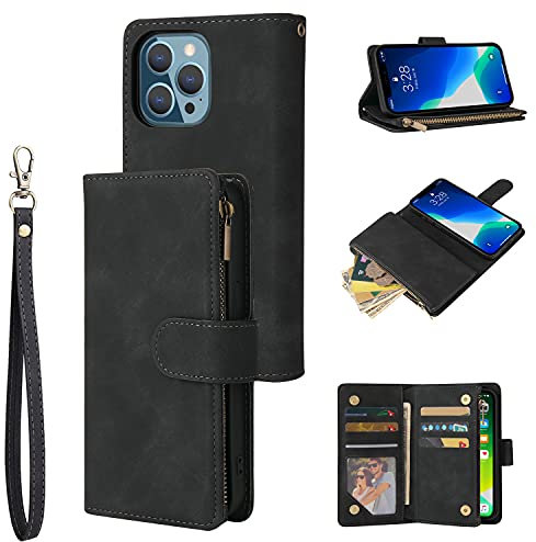 UEEBAI Wallet Case for iPhone 13 Pro 6.1 inch 6.1 inch inch, Premium Vintage PU Leather Magnetic Closure Handbag Zipper Pocket Case Kickstand Card Slots Wrist Strap TPU Shockproof Flip Cover - Black
