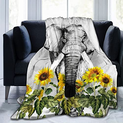 Custommixall Elephant Blanket Cute African Animal Sunflower Printing Fleece Throw Comfortable and Lightweight Flannel Fleece Blanket Bedroom Living Room Sofa Office 50x60