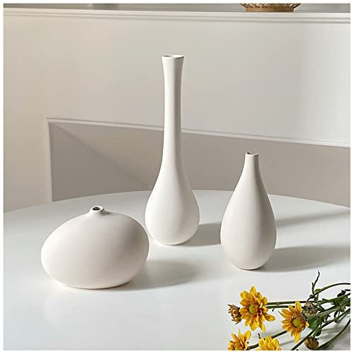 GISELA D Jarrón de cerámica blanca, soporte plano, jarrón de estilo nórdico hecho a mano para flores secas, accesorios de decoración del hogar para cualquier habitación (blanco)