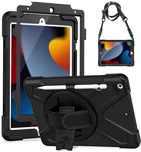 Gerutek Hülle für iPad 9./8./7. Generation (10.2 Zoll), Stoßfest mit Displayschutzfolie, Drehbarer Ständer, Handschlaufe/Schultergurt, Stifthalter - Schwarz