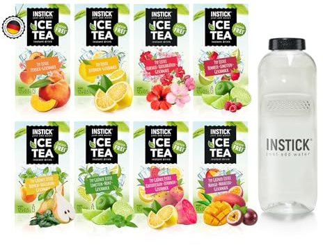 INSTICK Zuckerfreies Instant-Getränk (Bundle S Eistee + Tritan Trinkflasche 1 L) 8x12 Sticks - 1 Stick für 0,5-1 L - Veganes Getränkepulver Kalorienarm & Vitamin C - Instant-Pulver