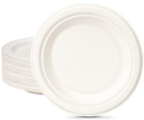 GREENESAGE Lot de 200 assiettes jetables en carton - 18 cm - Blanches - Petites assiettes jetables - En canne à sucre - Jetables - Biodégradables - En papier