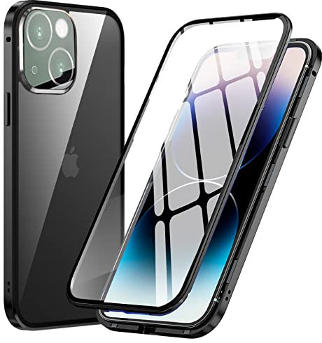 MIMGOAL for iPhone 14 Magnetic Case 360 Degree Full Body Cover, Front and Back Tempered Glass Transparent Cover, Shockproof Protective Metal Bumper [Built-in Camera Protector], Black