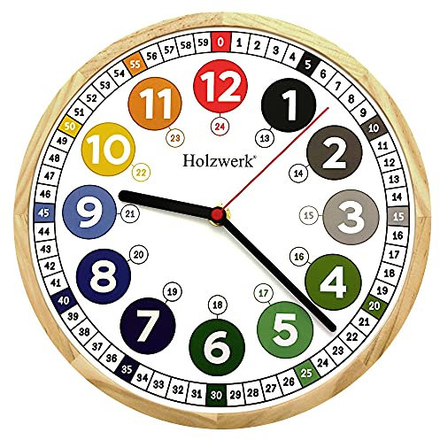 Holzwerk Kinder-Wanduhr Kinder Jungen Mädchen aus Holz lautloses Uhrwerk ohne Ticken tickgeräusche lautlos 24,7 cm Durchmesser Bunt Braun Grün Rot Grau Blau Weiß (Bunt.2)