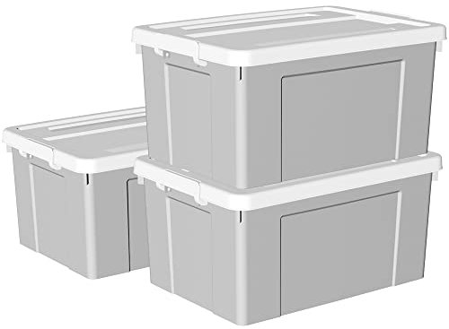 Cetomo 65 l x 3 Kunststoff-Aufbewahrungsbox, Tragetasche, Organisationsbehälter mit robustem Deckel und sicheren Verriegelungsschnallen, stapelbar und stapelbar, 3 Stück, grau mit Schnalle