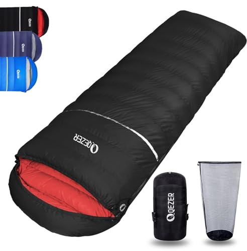 QEZER Down Sleeping Bag,Lightweight Rectangular Winter Sleeping Bag [1180g/1860g] for Adults and Kids 4 Season Camping, Hiking,Warehouse and Moutaineering Outdoor