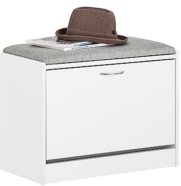 SoBuy Schuhbank schmal mit Sitzfläche & Stauraum – Sitzbank mit Klappe & Schuhregal platzsparend für Flur & Eingang – Weiß+Hellgrau, 60x46x30 cm, bis 120 kg – FSR16-HG