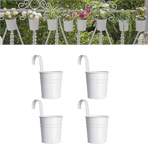 Wensmy 4PCS Metal Hanging Plant Flower Pots with Drainage Hole Fence Balcony Railing Planters Outdoor Garden Pots with Detachable Hooks (White)