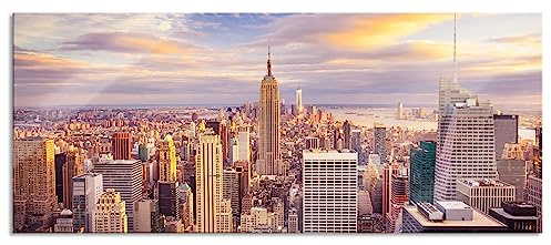 Pixxprint Glasbild Panorama, Wandbild aus Echtglas, Skyline New York Sonnenuntergang, 120x50 cm, inkl. Aufhängung und Abstandshalter