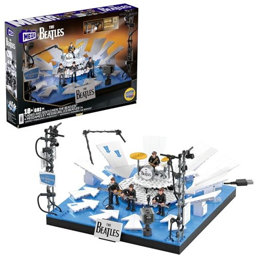 MEGA The Beatles Bauspielzeug zum Sammeln mit 671 Teilen, 4 beweglichen Actionfiguren der Bandmitglieder und LED-Leuchten, Set für Sammler zum Zusammenbauen und Präsentieren, HVH42