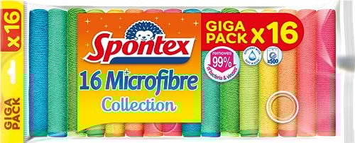 Spontex Mikrofasertücher für Reinigungsaufgaben | 16 Reinigungstücher der Mikrofaser-Kollektion | Verwendung als Staubtücher und Küchentücher | 30 x 30 cm | 16 Stück
