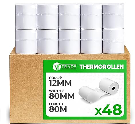 V1 Trade Rouleau Papier Thermique – 80mmx80m x 12,5mm Rouleau TPE 48 Pièces - Sans BPA Rouleau Imprimante Thermique – pour Caisse Enregistreuse - Durabilité de l'impression 5 Ans