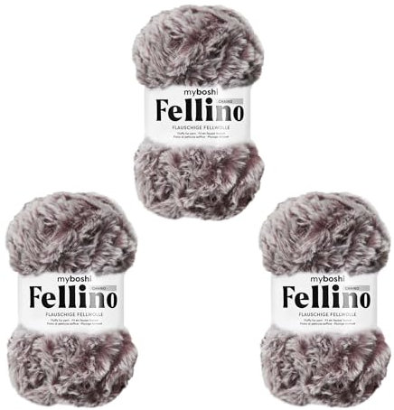 myboshi Fellino, flauschige Fellwolle, zum Häkeln und Stricken, Teddywolle in Felloptik, super bulky, 100g, Ll 65m Grau (Chairo) 3 Knäuel