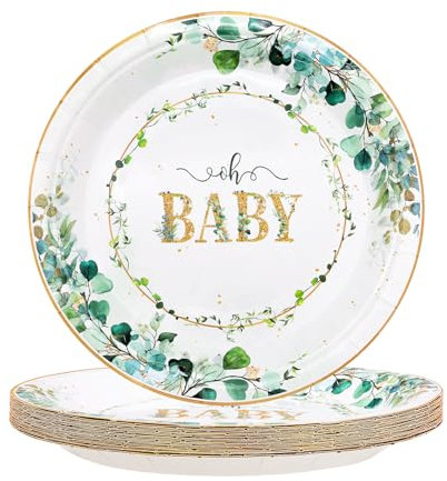 TOPWAYS Eucalyptus Baby Shower Decoracion Platos Desechables, 18cm Papel Platos Desechables Verde Eucalipto Platos para Fiesta Decoración Niño Niña Baby Shower (Platos 7inch 24pcs)