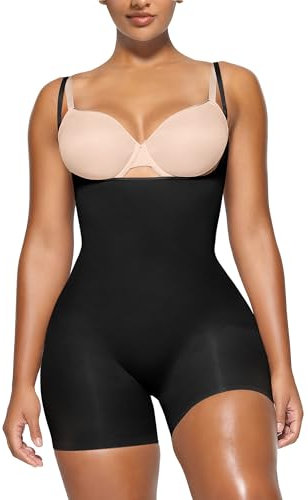 YIANNA Shapewear Damen Body Bauchweg Stark Formend Nahtlos Shaper Bodysuit Miederbody Formender Hose mit Bein Shaping Schwarz 5258 S/M