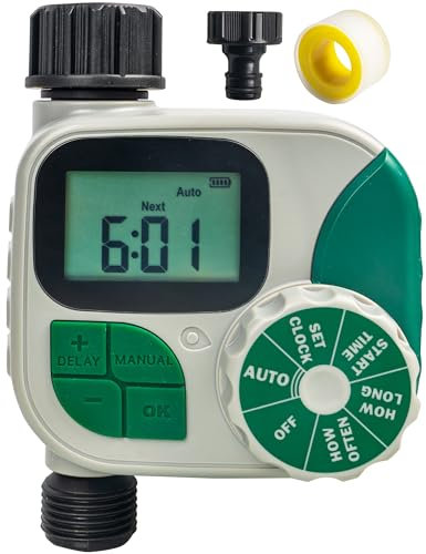 Hourleey Temporizador de aspersor, temporizador de agua para manguera de jardín, temporizador de manguera programable con retardo de lluvia/sistema de riego manual/automático, temporizador digital