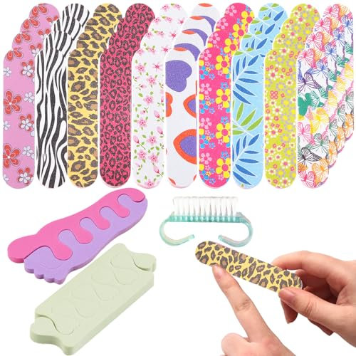 45 Pcs Colorful Floral Nail Files Set, Mini Emory Board with Nail Brush and Finger Toe Separators for Home and Salon, Professional Nail Art Tool for Shaping Artificial Natural Nails and Extensions