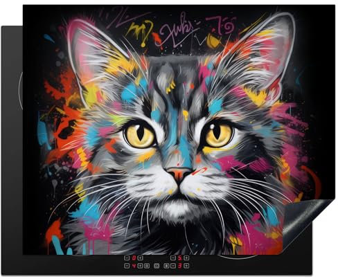 KitchenYeah© Protection Pour Plaque Induction 65x52 cm Plaque de Deco Cuisine Protégé Cache De Cuisson Vitroceramique Chat - Graffiti - Animaux - Couleurs - Gris