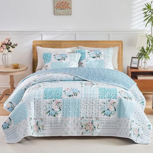 Joyreap 3-teiliges Patchwork-Steppdecken-Set für Queen-Size-Betten, blaue und weiße Blumen, weiche und gemütliche Mikrofaser-Steppdecke, Tagesdecke, Bettbezug für alle Jahreszeiten, 1 Steppdecke und 2
