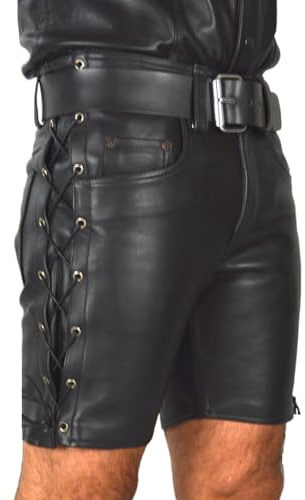 awanstar AW-546 Schwarz Five Pockets Jeans Shorts zum schnüren,Leder,Ledershorts,Hotpants,Lederhose,kürzehose,Herren,Manner,