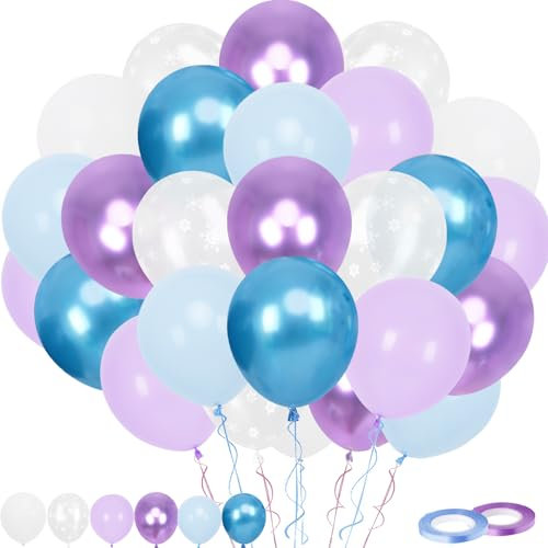 Luftballons Blau Lila, 60 Stück Blau Lila Ballons, 12 Zoll Macaron Metallisc Schneeflocken Latexballons mit Band für Mädchen Babyparty Hochzeit Geburtstag Brautparty Deko