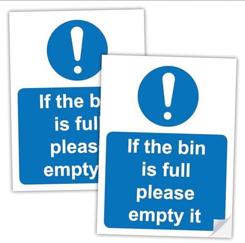 SAFESIGN (2 Pack) If The Bin Is Full Please Empty It Self Adhesive PVC Sign Stickers - Waste and Recycling - 200mm x 150mm - Safety Health Waterproof Vinyl Conforms to EN ISO 7010:2012