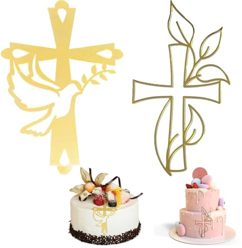 2Pcs Decoración para Tartas con Forma de Cruz, Topper Tarta Comunión Paloma Decoración de Tarta Acrílica de Acrílico Decoracón Bautizo Cake Topper Oro para Bodas Cumpleaños Navidad Fiestas
