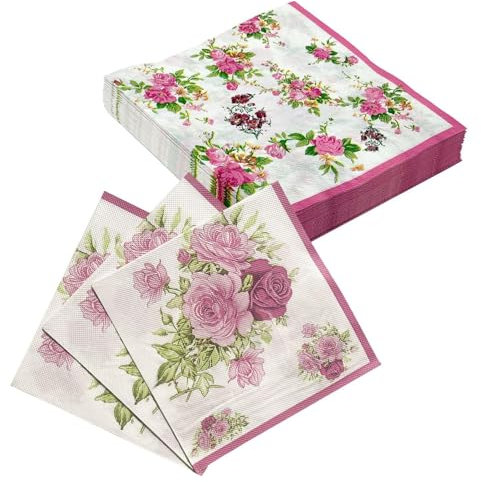 60 Serviettes Fleuries, Serviettes Fleurs Vintage, Serviettes Roses, Serviettes Vintage, Serviettes Fleurs Déco Printemps
