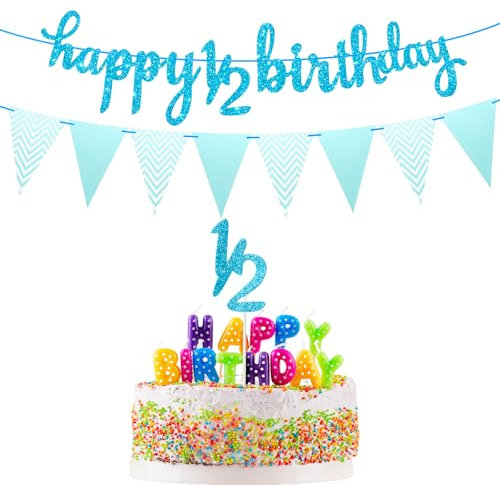 1 Bezug 6 Monate Happy Birthday Banner: Half Birthday Banner mit Glenten Kuchenaufsatz Zum Dreieckocker Flaggenbanner (Blau)