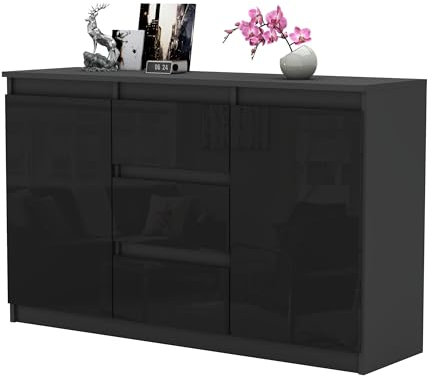 MartHome Moderne Kommode ALEXO - 120cm Breit, 75cm Hoch, 3 Schubladen, 2 Türen, Robuste Laminat-Konstruktion, Vielseitig für Wohnzimmer, Schlafzimmer, Home-Office Anthrazit Matt/Schwarz Glanz Front