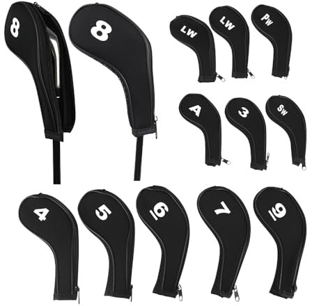 Scott Edward 12pcs Number Print Golf Club Irons Covers Neoprene Zippered Golf Wedge Covers with Long Neck Protective Mesh Golf Head Covers for Men Women Fit Most Standard Irons (Black)