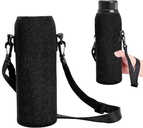 ONEBOOM Water Bottle Pouch, 750 ml Neoprene Carrier With Shoulder Strap, 19 * 8 cm Bag, Holder for Hiking Walking Cycling and Other Outdoor Activities - Black