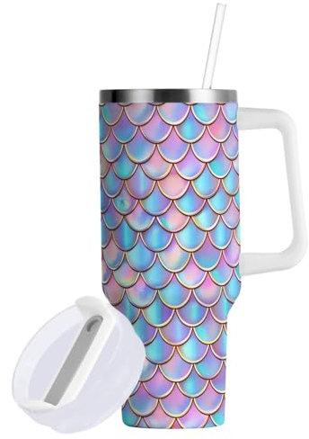 Vacuum Coldee - Vaso de 40 onzas con tapa con pajilla, hermosas escamas de sirena degradado, azul, melocotón, bonita botella de agua, reutilizable, juego de tazas de café para adultos