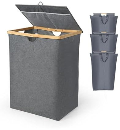 OTraki Wäschekorb 3 Fächer, 150L Wäschesammler mit Deckel Faltbar Wäschesortierer mit Entfernbaren Innentaschen Laundry Basket für Schlafzimmer Bad Wäscheraum