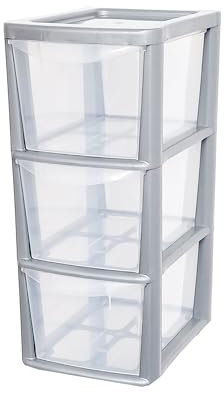 SIDSONS 3 Drawer Plastic Storage Organizer tower unit A5 Storage Drawers Desktop Table Small Chest of Drawer Bedroom Cosmetics Stationary Organizer Silver/Clear Height 48cm, Width 19cm, Depth 25cm