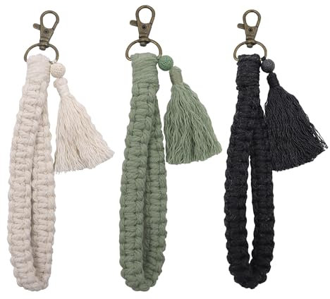 Bafiwu 3 Stück Schlüsselanhänger Makramee Armband Schlüsselband Frau Quaste Anhänger für Schlüssel, Autoschlüssel (weiß, grün, schwarz)