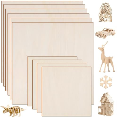 KNGNGK 10 Fogli Compensato di Legno di Tiglio, Pannelli Compensato 30cm x 30cm x 3mm, 15cm x 15cm x 2mm, Fogli di Legno di Balsa per Artigianato Fai da Te Pittura Incisione Modellismo