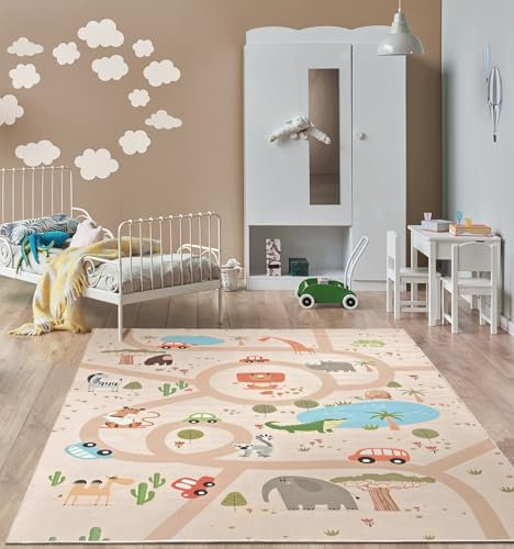 the carpet Happy Life Kinderzimmer, Kinderteppich, Spielteppich, Straßenteppich, Straße, Dschungel, Tiere, Auto, Beige-2, 160 x 220 cm