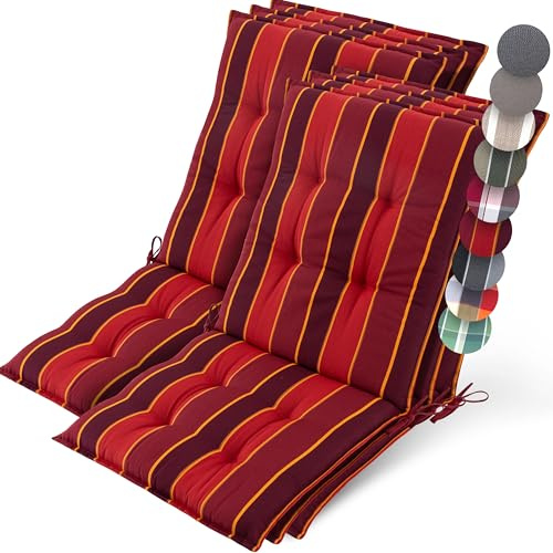 Beautissu 6er Set Premium Niedriglehner Auflage Gartenstuhl Polster | 100x50cm Rot Gestreift 8cm dick rutschfestes robuster Stoff UV-Lichtechtheit 5 Gartenstuhlauflage rutschfest Robust Sun-NL