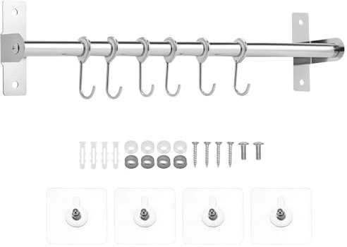 QWORK® Edelstahl Hängeleiste, 40 cm Kleiderhaken Hakenleiste mit 8 Beweglichen Haken, Selbstklebend & Schraubmontage, für Küche Garderobe Badezimmer
