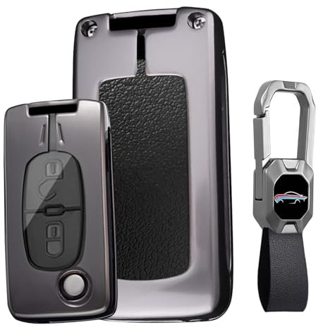 KUNIO Coque de clé de voiture compatible avec Pe-ugeot 207 307 308 407 Convient pour Citroën C2 C3 C4 C5 Porte-clés Protection de clé de voiture Étui 2 3 boutons Métal Cuir A Noir