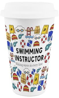 Purely Home Swimming Instructor Ceramic Travel Mug - Funny Novelty Job Gifts for Swimming Teachers - Reusable Silicone Lid Double-Walled Insulated Drinks Flask Cup