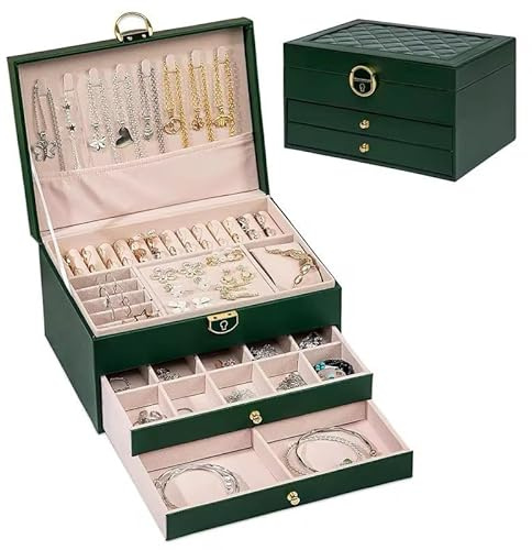 CHRONO SIMZ Elegant Jewellery Box with 3 Layers, PU Leather Storage Case, Quilted Design with Metal Lock, 2 Drawers, Green
