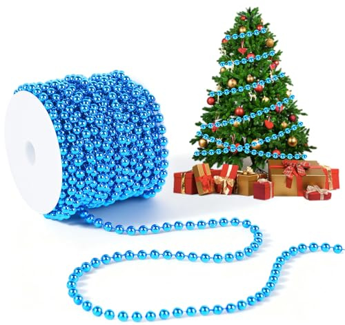 Anstore Perlenband Blau Christbaumkette Perlenkette Weihnachtsbaum Perlengirlande Perlenschnur Weihnachten Advent Hochzeit Tischdeko Zubehör DIY, 15m/Rolle 6mm Weihnachtsbaumschmuck Kunststoff Perle